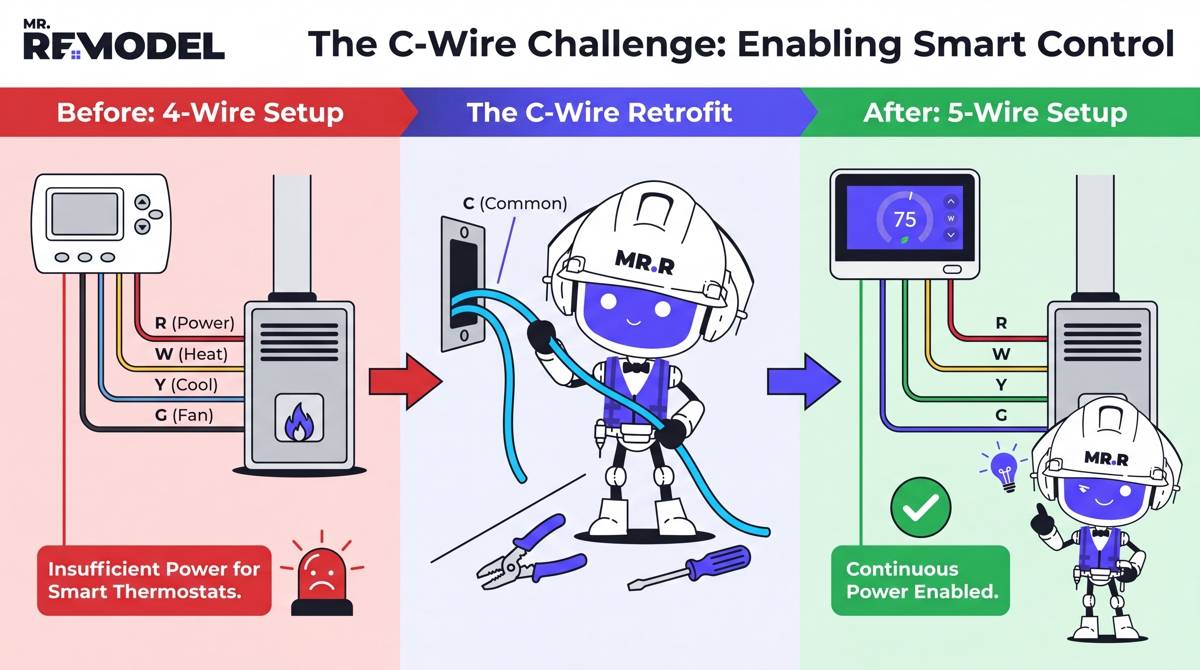 A clear, technical infographic explaining the main barrier. Left side (Problem): A diagram of a thermostat wall plate with only four wires (no C-wire), labeled "Pre-1980s Wiring: Power Struggle." Center: The technician's hand pulling a new wire or installing an add-a-wire adapter, labeled "Professional C-Wire Retrofit." Right side (Solution): A diagram with five wires (including the C-wire), labeled "Modern Smart Control Enabled."
